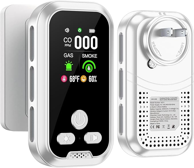 5in1 Plug in Smoke & Carbon Monoxide Detector & Combustible Natural Gas Combination Builti-in Battery HD Screen [Smoke Gas CO Temp Humidity Sensor] for Home Hotel Travel (1 Pack, White) by HAKINAKU