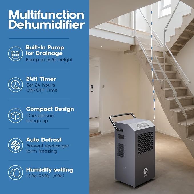 Andte 190 Pints Commercial Dehumidifier with Pump for 3,500 Sq. Ft. - Industrial-Grade Moisture Removal for Basements, Garages & Water Damage Restoration - Image 3