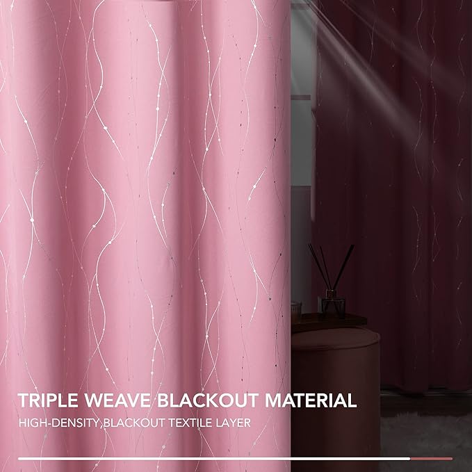 Deconovo Short Blackout Curtain, Pink Curtain, Thermal Insulated Soundproof Grommet Drapes, Wave Line Dot Foil Print, 38 x 54 Inch, 2 Panels, Machine‑Washable Window Panel for Small Windows Kitchne - Image 9