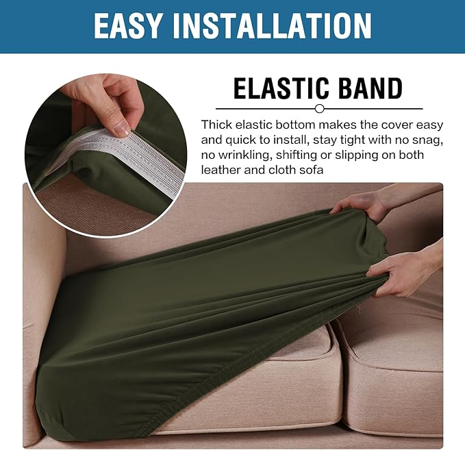 H.VERSAILTEX Velvet Stretch Couch Cushion Cover Plush Cushion Slipcover for Chair Loveseat Sofa Cushion Furniture Protector Seat Cushion Sofa Cover (3 Piece XL Sofa Cushion Covers, Olive) - Image 4