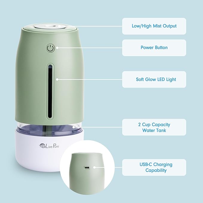 LivePure Cool Mist Humidifiers for Bedroom. Small Humidifier for Babies, Nursery, Plants, Office. Ultrasonic Cool Mist Humidifier w/Quiet Operation, USB-C Rechargeable. Mint Green - Image 2