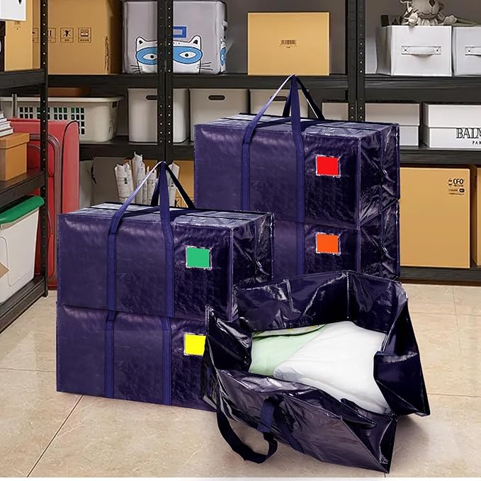 12 Pack Extra Large Heavy Duty Moving Bags with Reinforced Zipper & Wide Handles, Moisture-Resistant Storage Bins Packing Cubes for Clothes, College Dorm, Travel, and Home Organization, DarkBlue - Image 3
