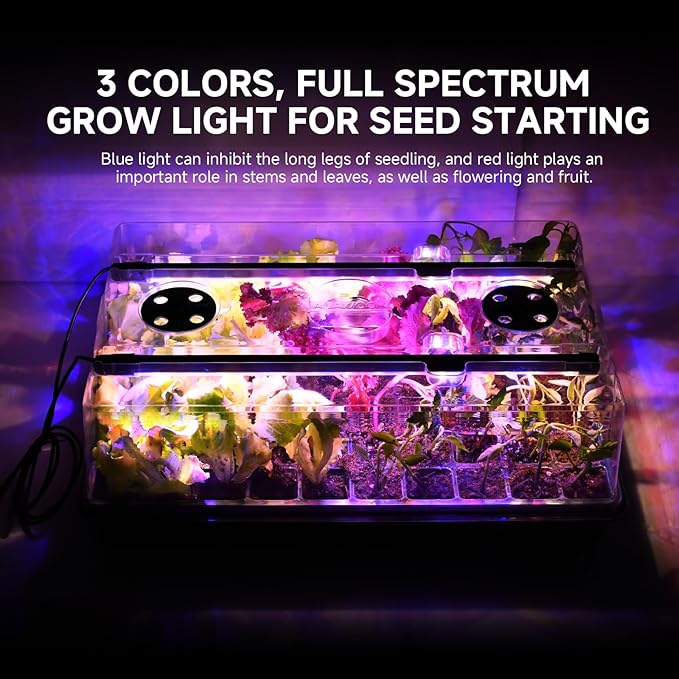 Large Seed Starter Tray with Grow Light and Thermostat Controller Heat Mat, 10"x 20.75" Heat Mats for Plant Growing，68-113°F Adjustable，Color Change Grow Lights，Germination Trays Kits - Image 6