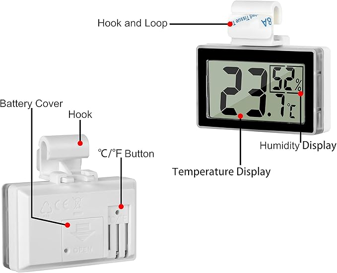 Digital Reptile Thermometer Hygrometer with Hook & Adhesive, LCD Display Temperature Humidity Gauge for Reptile Tanks, Terrariums, Bearded Dragon, Hermit Crab Accessories (-10℃~+50℃/20%-90% RH) - Image 5