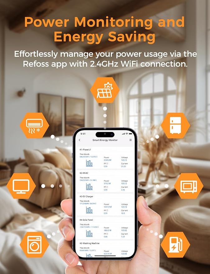 Smart Home Energy Monitor Supports Home Assistant, Real-Time Accurate Energy Consumption Tracking, Electricity Usage Monitor with 16x60A Circuit Sensor, 36-Month History, Solar Metering, ETL Certified - Image 8