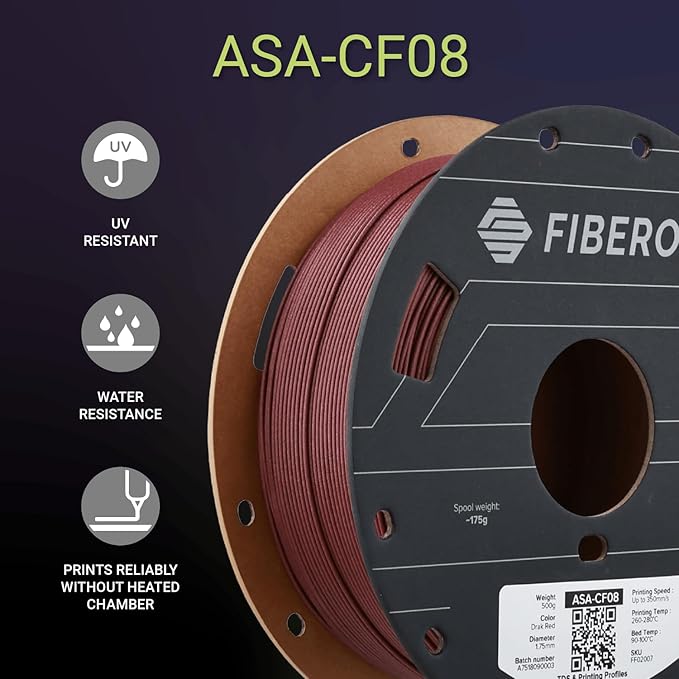 Polymaker Fiberon ASA-CF08 Dark Red Carbon Fiber 3D Printing Filament 1.75mm 0.5KG, UV & Weather Resistant, High Rigidity, Heat Resistant, Easy to Print, Functional Parts & Prototypes - Image 2