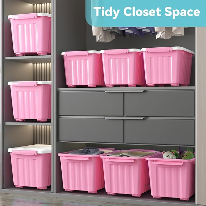 Nazhura Plastic Storage Bin, Stackable and Nestable Storage Boxes with White Lids and Secure Latching Buckles, Large Storage Container (Pink/White, 72Quart-6Pack) - Image 6