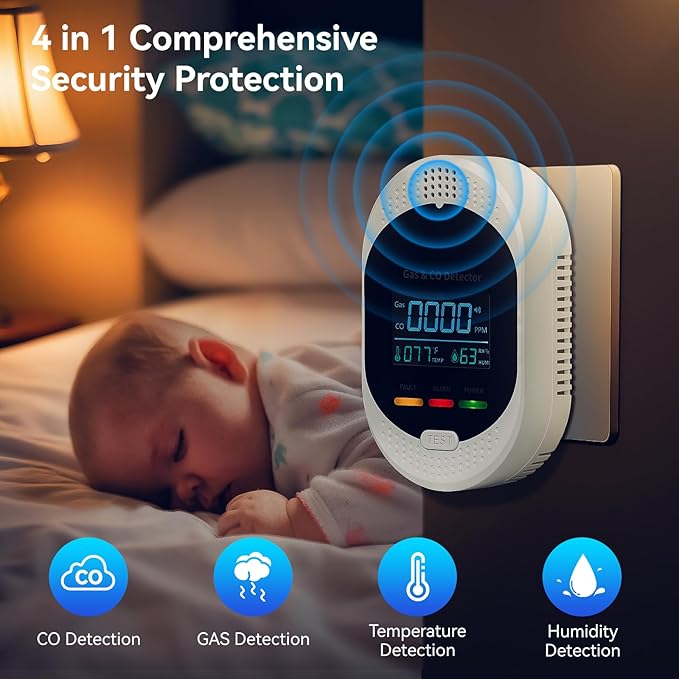Plug in Carbon Monoxide Detector Combustible Gases Detectors,4-in-1 Co & Natural Gas Alarm Detectors with Temperature and Humidity Display,Clear LCD Screen Sound Light Dual Alarm for Home Travel RV - Image 2