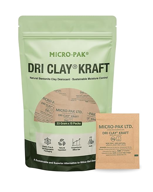 Micro-Pak Dri Clay Kraft, Highest Moisture Absorption Desiccant Packs, Silica Gel Packets Alternative, Food Safe Bentonite Clay, Desiccant Packs for Storage, Moisture Absorbers for Closet, 33gx15pcs by Micro-Pak