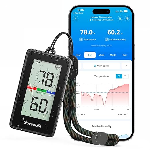 GoveeLife Outdoor Indoor Thermometer Hygrometer IP65 Waterproof, LCD Digital Display, 197ft Buletooth Range, Notification Alerts, 2 Years Data Storage Export, for Camping, Room, Patio, Greenhouse by GoveeLife