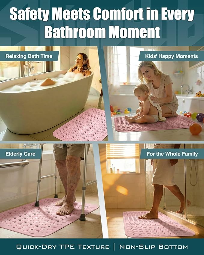 Non-Slip Bath Mat for Tub Shower, TPE Machine Washable Bathroom Essentials with Suction Cups, Quick-Dry 28x16 inch (Dusty Blossom Pink) - Image 7