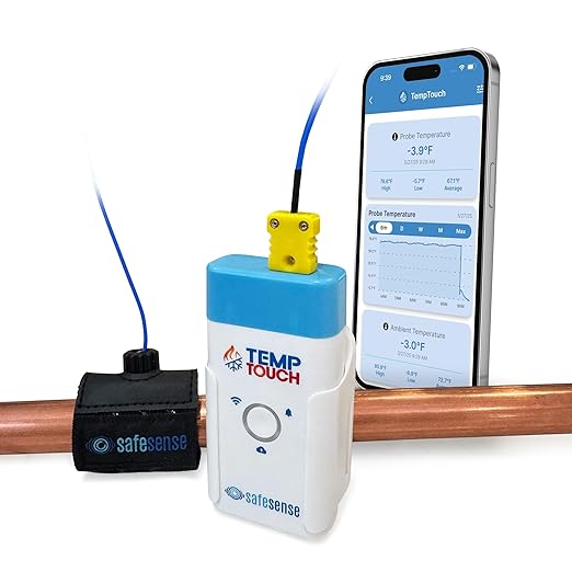 TempTouch WiFi Clamp Temperature and Humidity Sensor, Smart Thermometer for Plumbing and HVAC, App-Controlled Wireless with Velcro Strap by SAFESENSE