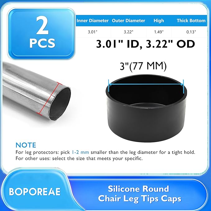 2 Pcs 3" (77 mm) Round Chair Leg Tips Caps, Silicone Rubber Furniture Leg Floor Protectors, Reduce Noise Folding Metal Chair Leg Cap Replacement for Bar Stool Leg Patio Indoor, Black - Image 9