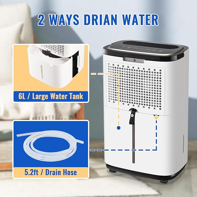 WANAI 50 Pint Portable Dehumidifier with Drain Hose for Basements, 4,500 Sq. Ft. Dehumidifiers Auto Drain or Manual Drainage, Quiet Dehumidifier for Home with 6L Water Tank - Image 4