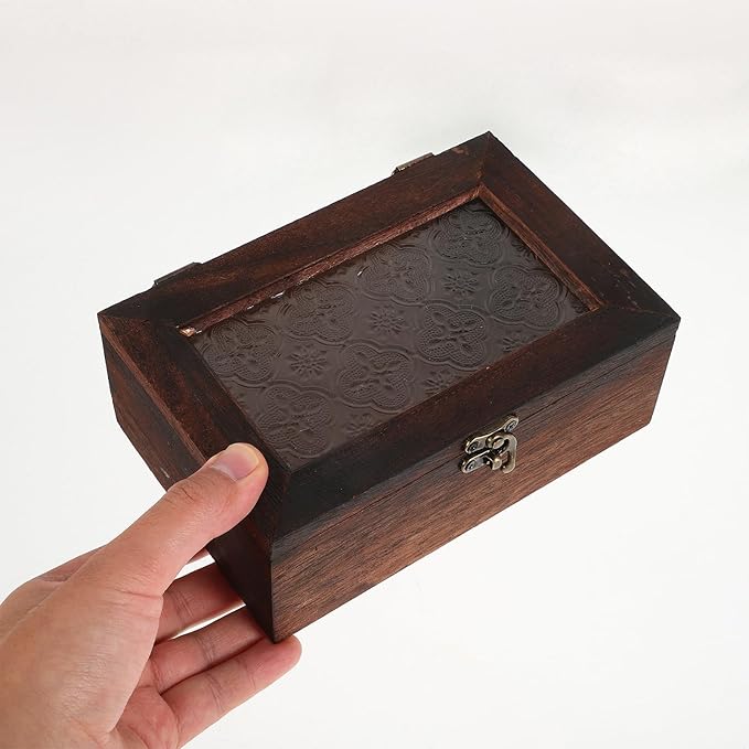 Glass Top Jewelry Organizer with Natural Wood Trinket Case, Small Dustproof Keepsake Box for European Accessories and Makeup Storage - Image 3