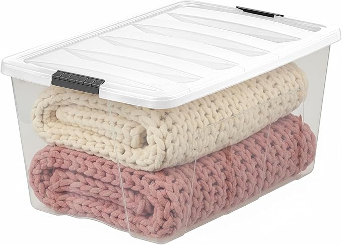 IRIS USA 94 Qt Stackable Plastic Storage Bins with Lids, 4 Pack - BPA-Free, Made in USA - See-Through Organizing Solution, Latches, Durable Nestable Containers, Secure Pull Handle - Clear/White - Image 4