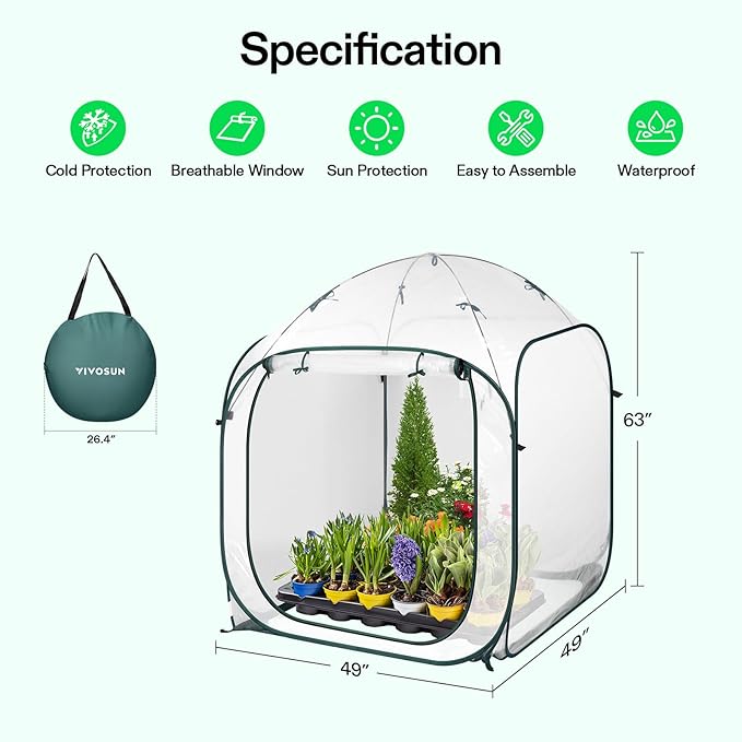 VIVOSUN 49x49x63-Inch Portable Walk-in Greenhouse, with PVC Cover & Detachable Base, Instant Pop-up and Folding, Mini Greenhouse with Roll-Up Door & Mesh Window for Indoor Outdoor, Wind Ropes Included - Image 2
