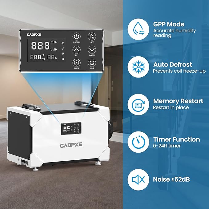 CADPXS Crawlspace Dehumidifier, 145 Pints Commercial-Grade Dehumidifier with Drain Hose for Crawl Spaces, Basements, Industrial and Water Damage Use, Large Capacity, Auto Defrost, Memory Restart, cETL - Image 2