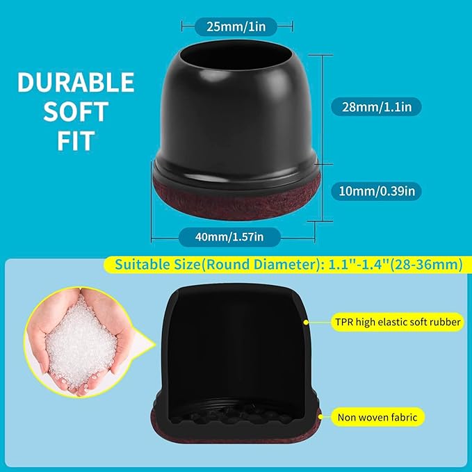 Silicone Chair Leg Floor Protectors with Felt, 16PCS Chair Leg Protectors for Hardwood Floors, Black Furniture Cup Chair Leg Covers to Protect Floors, Anti-Scratches&Noice(Round,Fit:1.1"-1.4") - Image 4