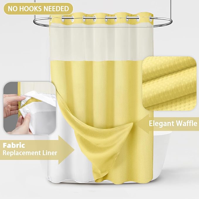 No Hook Shower Curtain and Liner Set,Yellow Hotel Waffle Shower Curtain with Liner 75" L x 72" W - Image 3