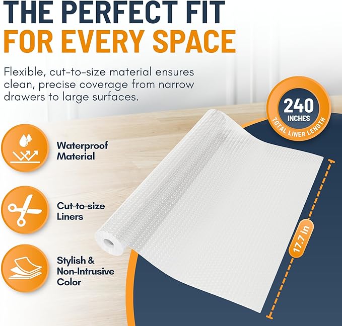 Shelf Liner Drawer Liner for Kitchen Cabinets Non-Adhesive by Linda’s Essentials (17.7 x 240 Inches) - Non-Slip Easy Clean Kitchen Cabinet and Cupboard Protector, Waterproof Mat, Clear Roll - Image 4