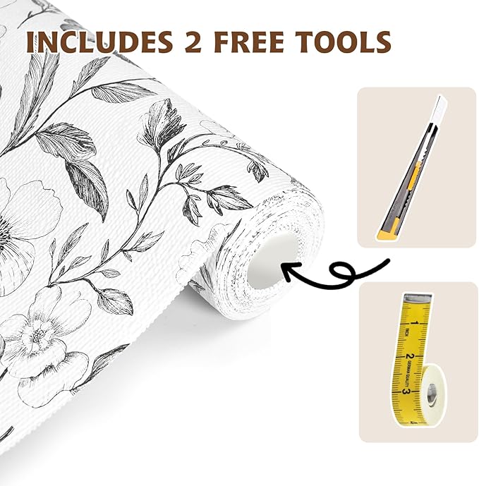 Drawer and Shelf Liner Black Flowers 17in x 20FT, Non Adhesive Anti-Slip Double Layer PVC Reusable Thickened Waterproof Easy Clean for Kitchen Cabinets Refrigerator with Knife Tape Measure - Image 3
