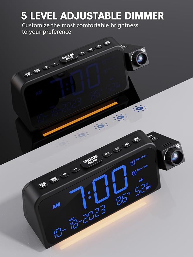 Mesqool Projection Alarm Clock for Bedroom Ceiling, Digital Clock Projector with Weekday/Weekend Mode, Date, Temperature, Humidity, Type-C USB Charger, Snooze, Dual Alarms, Dimmer,12/24H - Image 7