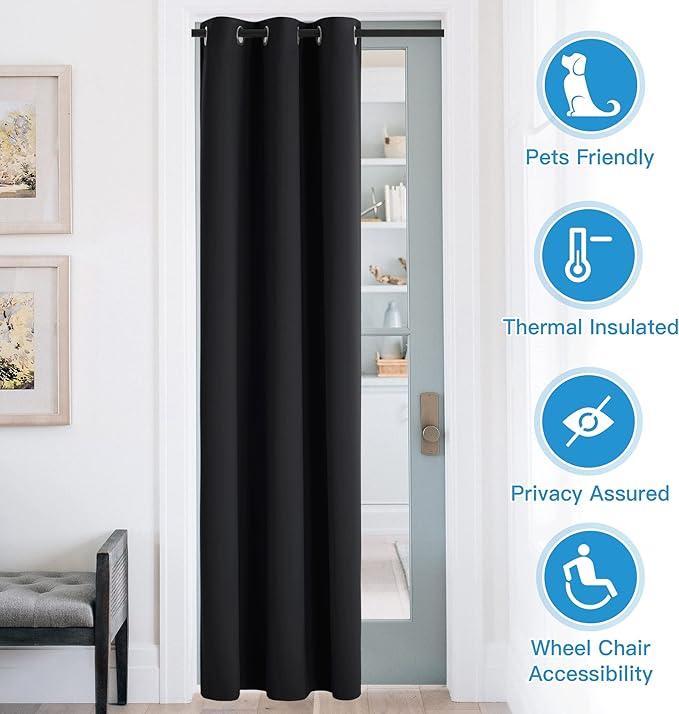 RYB Home Blackout Curtains Thermal Insulating Privacy Temporary Door Curtains for Bedroom Closet Doorway Accordion Door Interior Living Room Kids Nursery Dining, Wide 60 x Long 90 inch, Black - Image 2