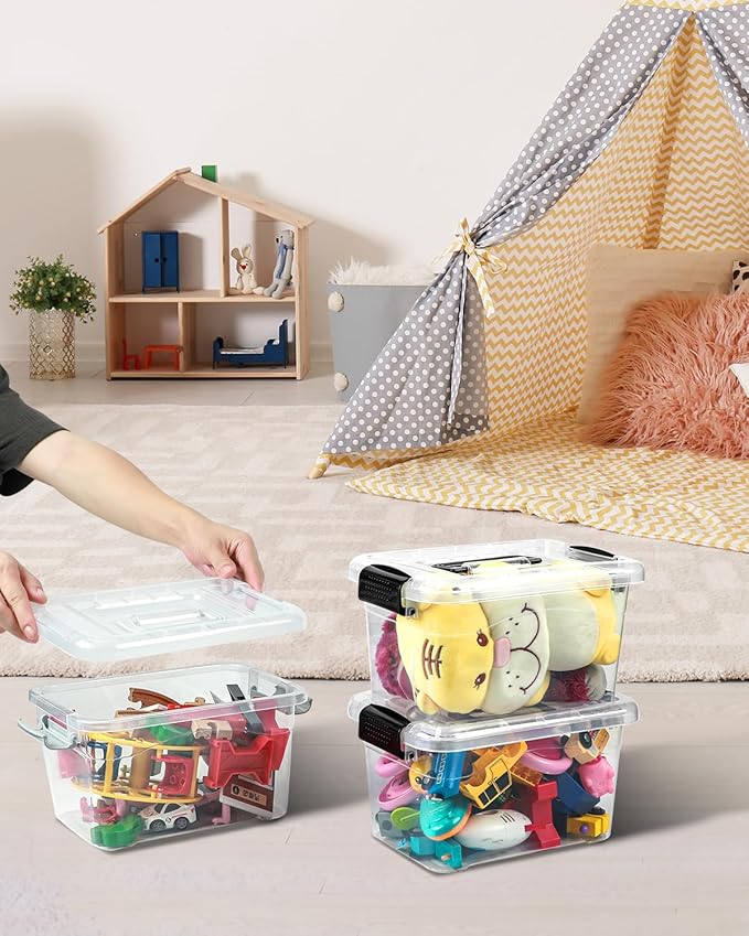 Plastic Storage Bins 7 Quart-Storage Organizer Bins with Grey Buckle Lids, Stackable Storage Bins with Lids for Home Office Kids Room Closet School Art Supplies Organization,6 Packs, Clear - Image 7