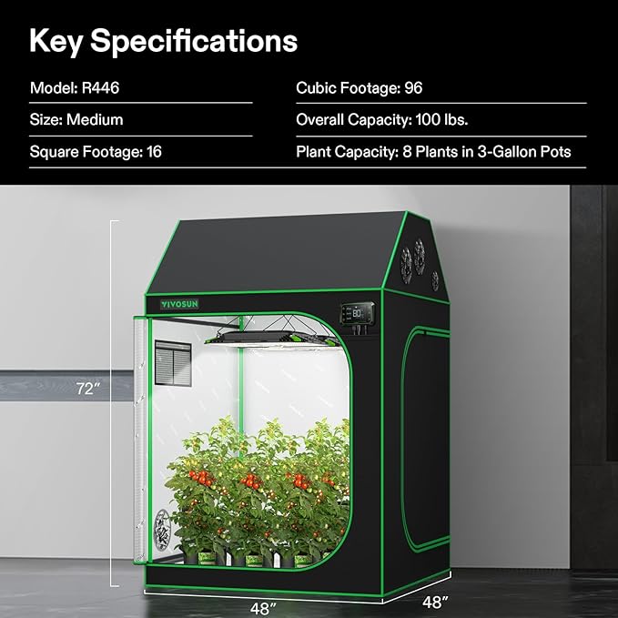 VIVOSUN R446 4x4 Grow Tent, 48"x48"x72" Roof Cube Tent with Observation Window and Floor Tray for Hydroponics Indoor Plant for VS4000/VSF4300 - Image 8