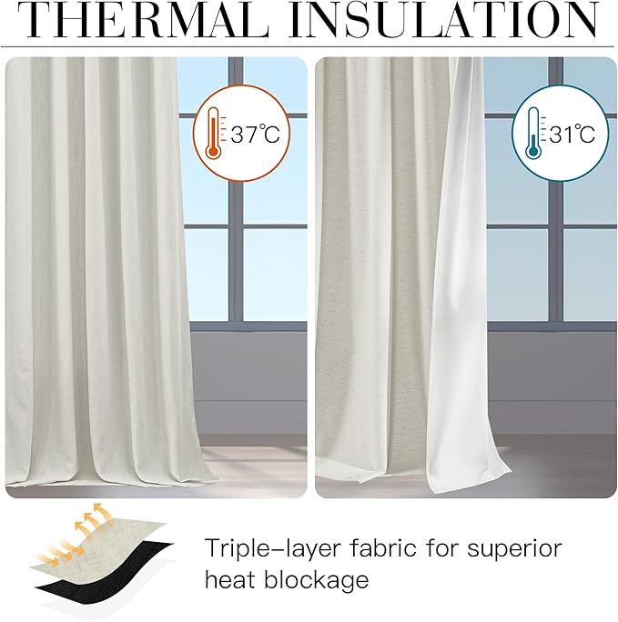 RYB HOME Ivory White 100% Blackout Curtains for Bedroom, Linen Drapes Back Tab&Rod Pocket, Thermal Insulated Privacy Assurd Curtains for Sliding Glass Doors/Dining/Living Room, W52 x L108, 2 Panels - Image 5