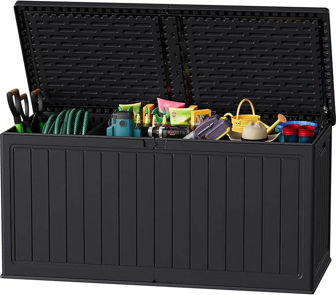 JUMMICO 270 Gallon Outdoor Storage Deck Box with Divider, Double Wall Storage Box with Lockable Lid for Garden Tools, Pools Supplies (Black) by JUMMICO