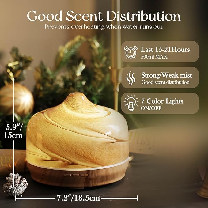 Porseme 500ml Glass Essential Oil Diffuser Aromatherapy Ultrasonic Cool Mist Humidifier 15-21 Running Hours Waterless Auto-Off Air Diffusers for Sleeping,Yoga,Office Working,Spa and Rest (Desert) - Image 3