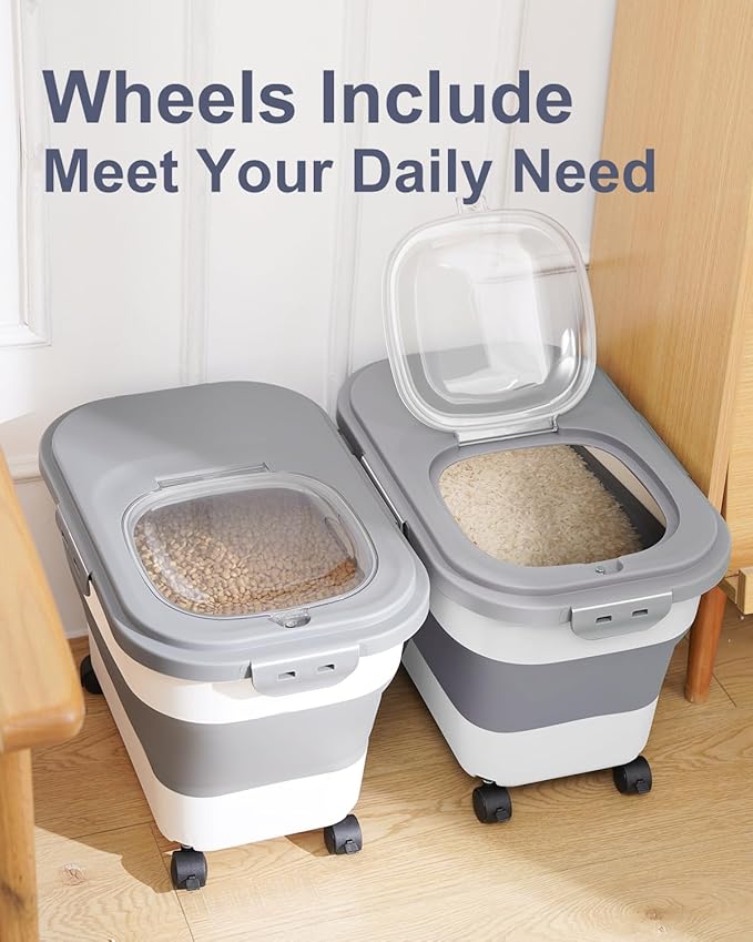 20-30 Lbs Rice Storage Container,Collapsible Food Storage Containers with Rolling Wheel Airtight Locking Lid,Flour Storage Container with Cup and Scoop,Suitable for Food,Rice,Pet Food,Flour - Image 5