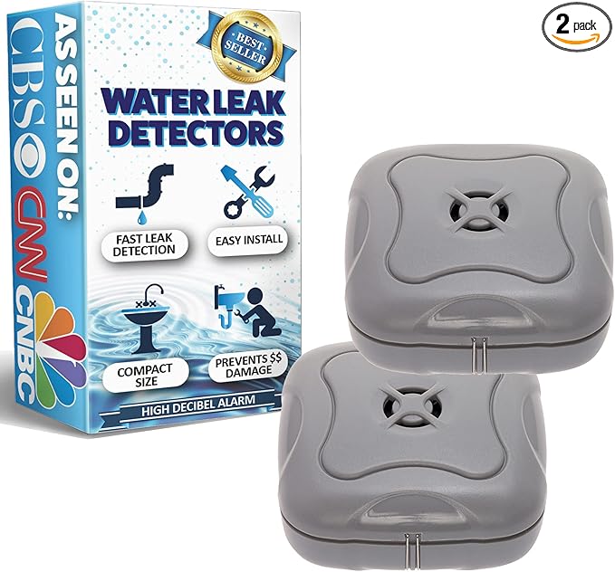 2 Pack Water Leak Detector - 95 dB Flood Detection Alarm Sensor for Bathrooms, Basements, Laundry Rooms, Garages, Attics and Kitchens by Mindful Design (Grey, 2 Pack) by MindfulDesign