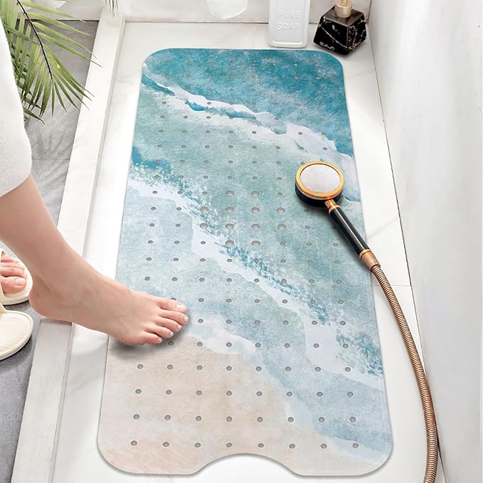 Beach Bathtub Mat Non Slip, Baby Bath Mat for Tub Rubber Tub Mat, Kids Bath Mats for Bathroom Ocean Waves Anti Slip Shower Mat with Suction and Drain Holes Machine Washable, 40″X16″ - Image 2
