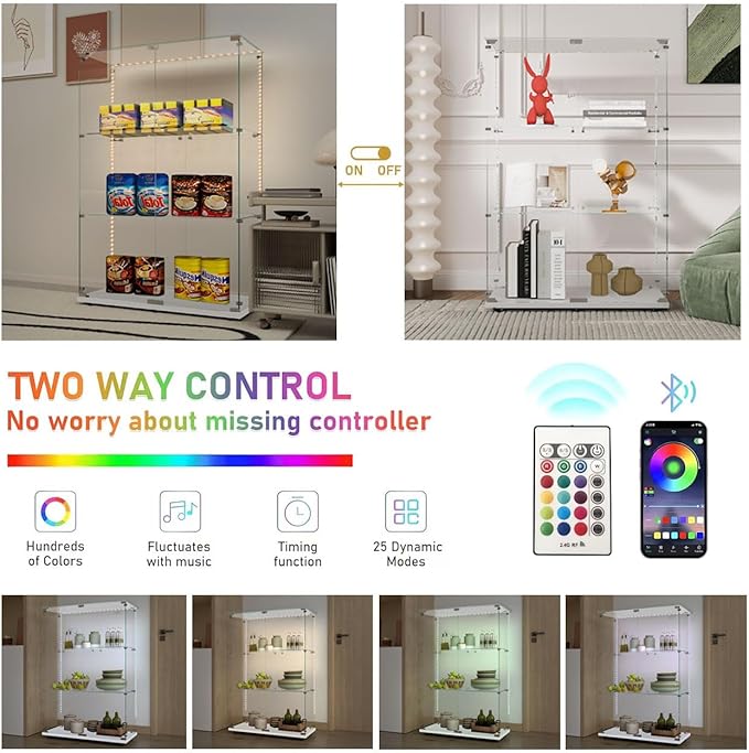 Yoluckea 3 Tiers Glass Display Cabinet with Bluetooth LED Light Strip, 2 Doors Floor Standing Curio Cabinet with Universal Wheel for Home, White Glass Bookshelf for Collections, Clear Top - Image 3