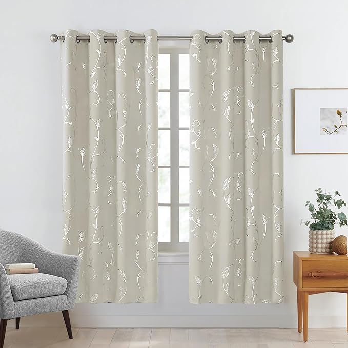 BUHUA Blackout Curtains Silver Foil Print Flower Vine Grommet Drapes, Room Darkening Thermal Insulated Curtains, Noise Reducing Curtain for Bedroom, Natural, 52Wx63L, 2 Panels - Image 2