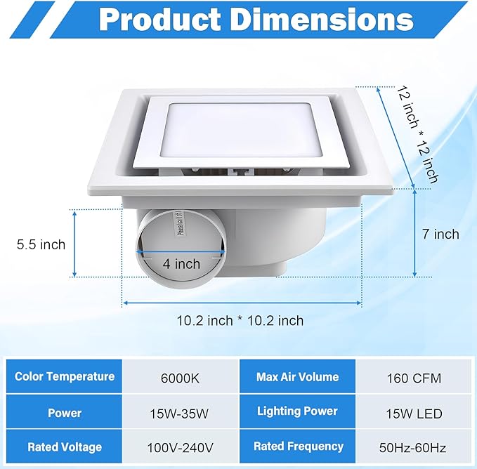 FEITON Square Bathroom Exhaust Fan with Light, 160 CFM 35W 4 Inch Duct, 100-240V 1.0 Sones Quiet Bathroom Ceiling Fan, Shower Fan Light Combo(Mounting Hole: 10.2 x 10.2 Inches) - Image 2