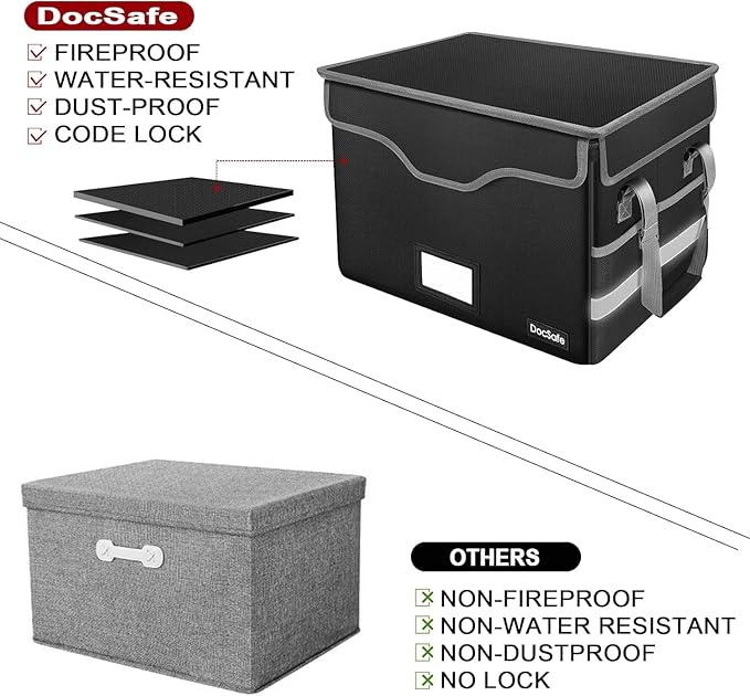 DocSafe Fireproof Document Box with Lock,File Storage Organizer with Pockets,Collapsible Portable File Box Home Office Safe Filing Cabinet with Handle for Hanging Letter/Legal Folders,Black,2 Pack - Image 4