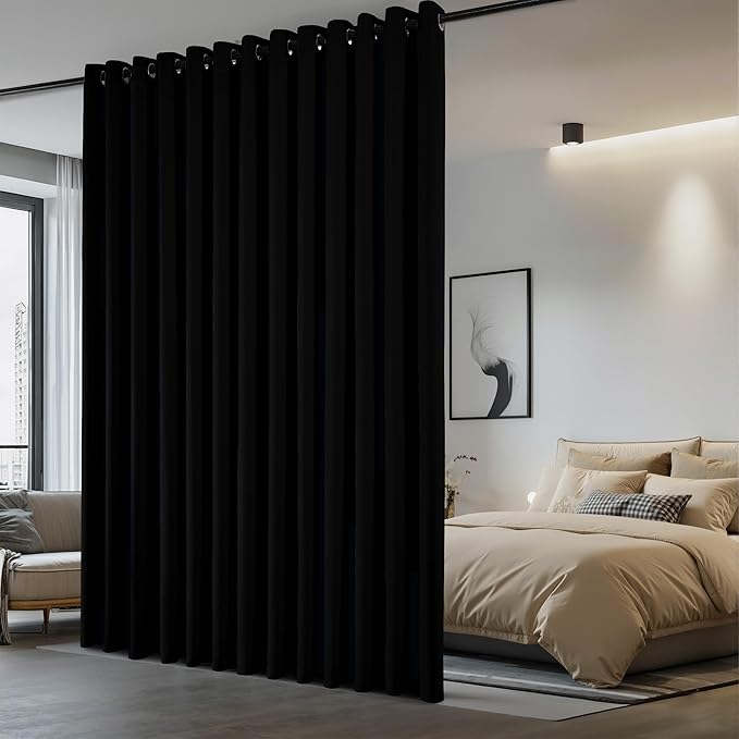 NICETOWN Room Separating Divider, Room Divider Curtains Screen Partition, Function Thermal Blackout Patio Door Curtain Panel, Sliding Door Insulated Curtain, Black, 8.3ft Wide x 8ft Long by NICETOWN