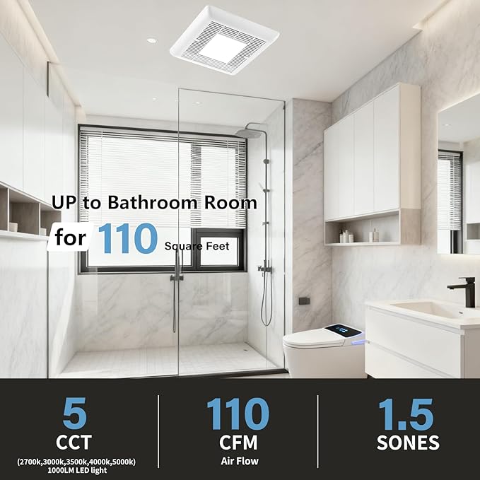 Tech Drive Bathroom Exhaust Fan with Light-110 CFM, 1000lm Dimmable 5CCT LED Light and Night Light Selectable,4-Inch Duct Super Quiet Energy Star Ventilation Fan,Easy to Install Ceiling Mounted - Image 4