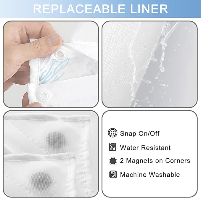 No Hook Shower Curtain with Snap in Liner, Beach Ocean Nautical Coastal Shower Curtains and Liner Set for Bathroom, Seashell Hotel Fabric Bath Curtain, Waterproof Washable, Watercolor Blue 71" x 74" - Image 5