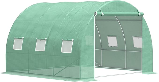 Walk-in Hoop Greenhouse for Tropical Plants, 10’x10’x6.5’ High Peak Design with PE Cover & Zippered Vents to Control Humidity & Heat, Green Steel Frame by WhereFurnitureMeetsArtistry