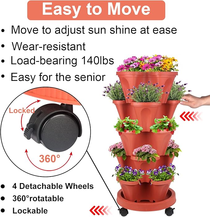 DUNCHATY 5 Tier Plant Pot, Vertical Garden Planter, Strawberry Planter, Indoor/Outdoor Planters, 2 Set, Brick Red, 29 x 13.6 x 13.6 inches - Image 3