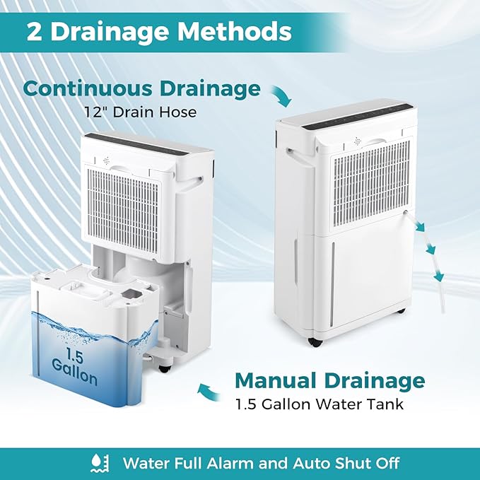 COSTWAY 4,500 Sq. Ft Dehumidifier for Basement, 3-Color Humidity Indicator, Dry Clothes Mode, 12" Drain Hose & Wheels, 57 Pint/Day Dehumidifier for Large Room (White&Black) - Image 7