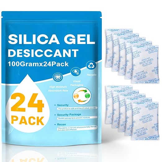 VOISEN 100 Gram 24 Pcs Color-Indicating Silica Gel Packets, Premium Food Grade Desiccant, Transparent Desiccant, Desiccant Packets for Storage, Premium Desiccant Packs for Food, Electronics, Closet by VOISEN