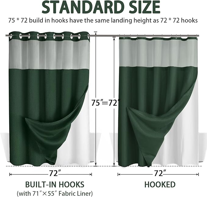 No Hook Shower Curtain and Liner Set,Dark Green Hotel Waffle Shower Curtain with Liner 75" L x 72" W - Image 6