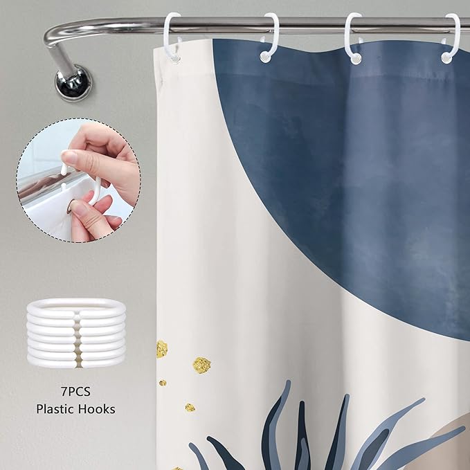 Small Stall Boho Shower Curtain 36Wx72H RV Blue Modern Mid Century Abstract Leaves Plant Minimalist Geometric Bathroom Decor Half Narrow Standing Bath Curtain Fabric Polyester 7 Pack Hook - Image 5