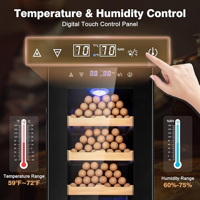 Electric Cooler Cabinet 35L with Temperature and Humidity Control, Spanish Cedar Wood Shelves and Safety Lock (270 Counts Capacity), Gift for Men - Image 2